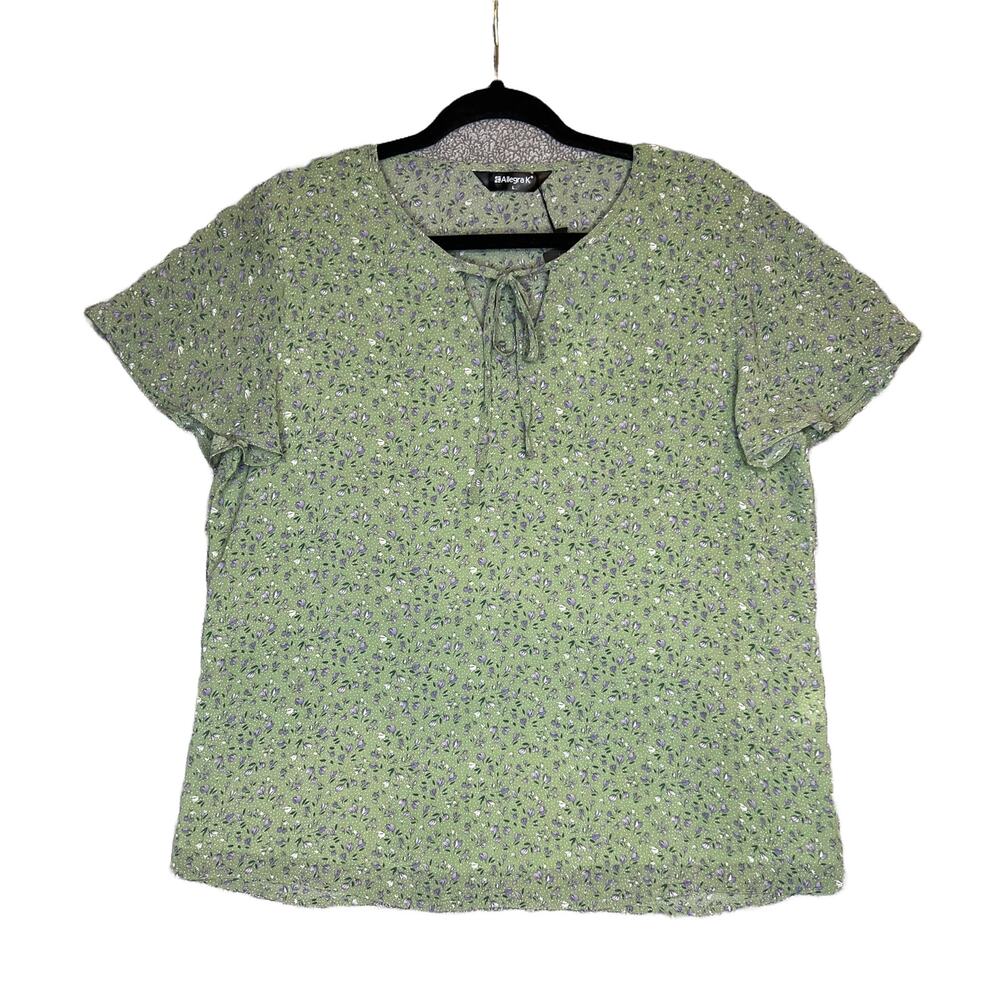 NWT Allegra K Tie Neck Short Sleeve Ruffled Floral Blouse Green